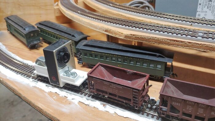 HO model railroad Camera-car on train in forward position